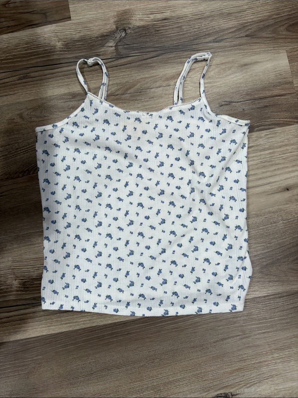 White Ribbed Floral Cami Tank with Blue Print